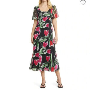 TopShop Floral Flutter Sleeve Dress-NWT Size 0 Black and Red